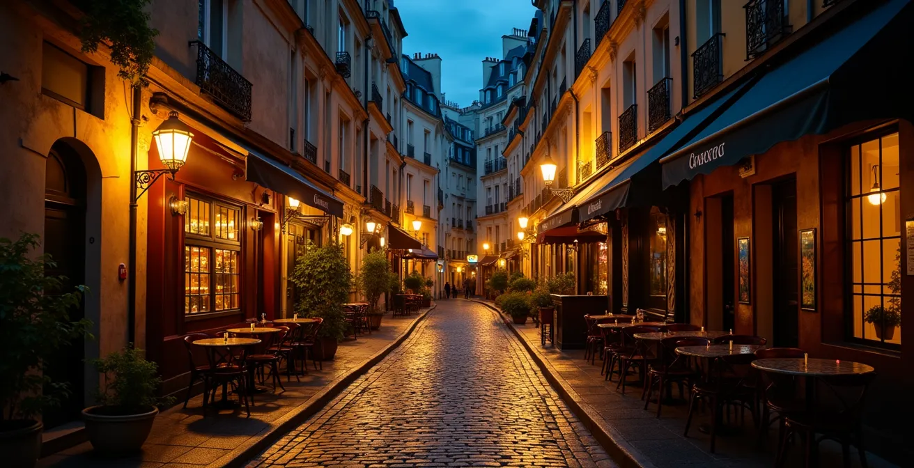 Charming illuminated cobblestone street in Montmartre at twilight with warm glowing bistro windows and artistic atmosphere