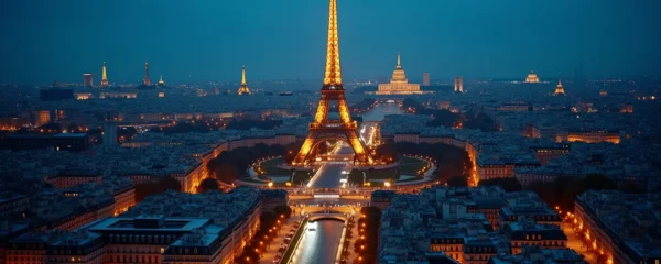 Spectacular evening panoramic view of illuminated Paris with the Eiffel Tower sparkling against a deep blue twilight sky