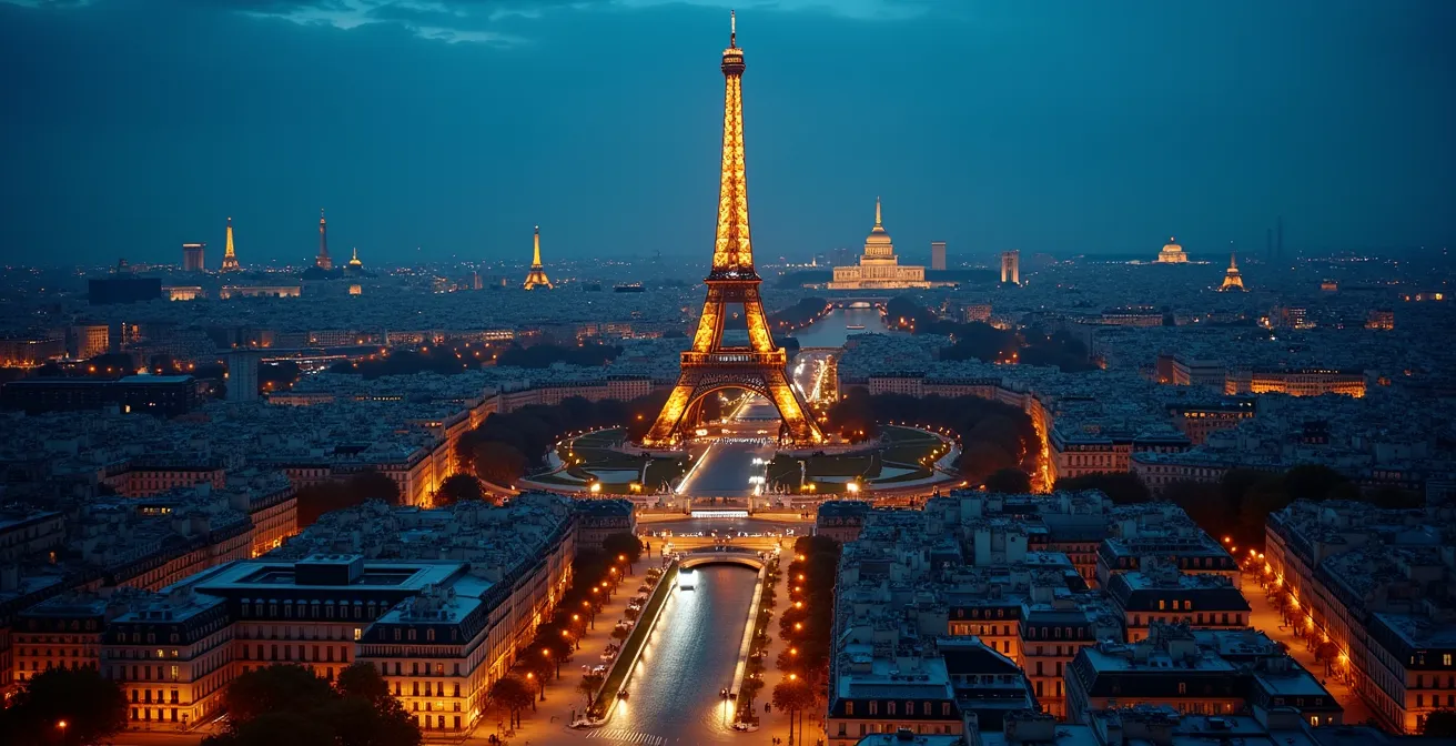 Spectacular evening panoramic view of illuminated Paris with the Eiffel Tower sparkling against a deep blue twilight sky