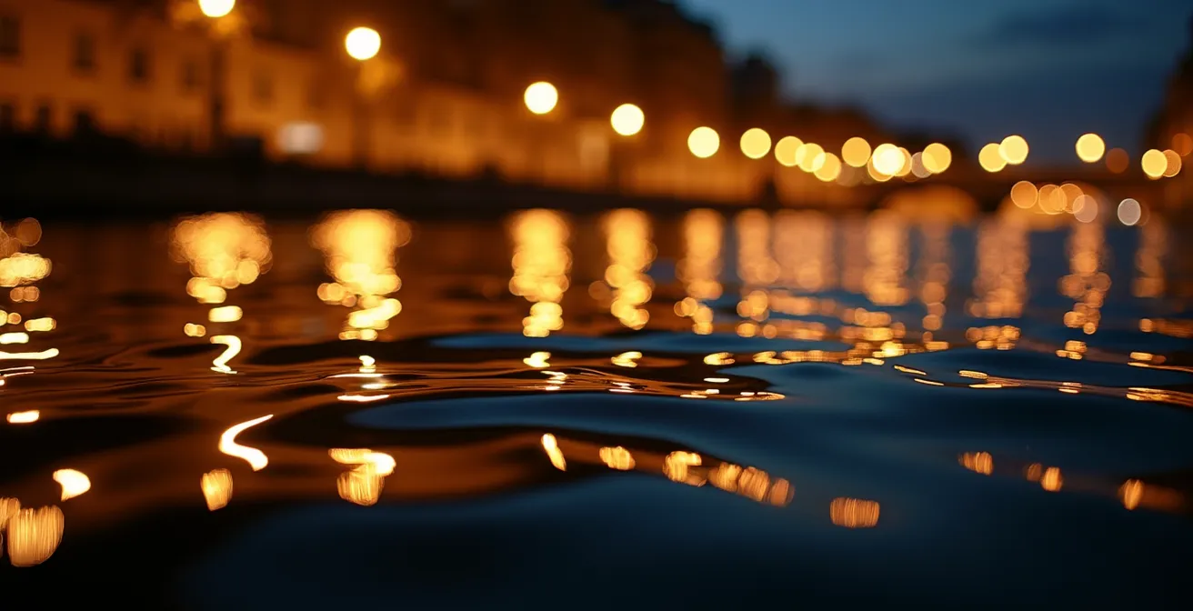 Close-up view of the Seine River at night with golden city lights creating shimmering reflections on the water surface