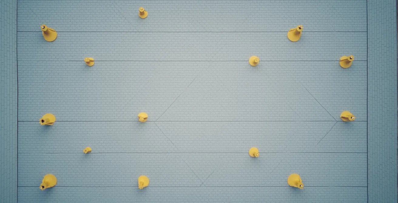 Overhead view of roof showing optimized anchor placement zones and material flow paths