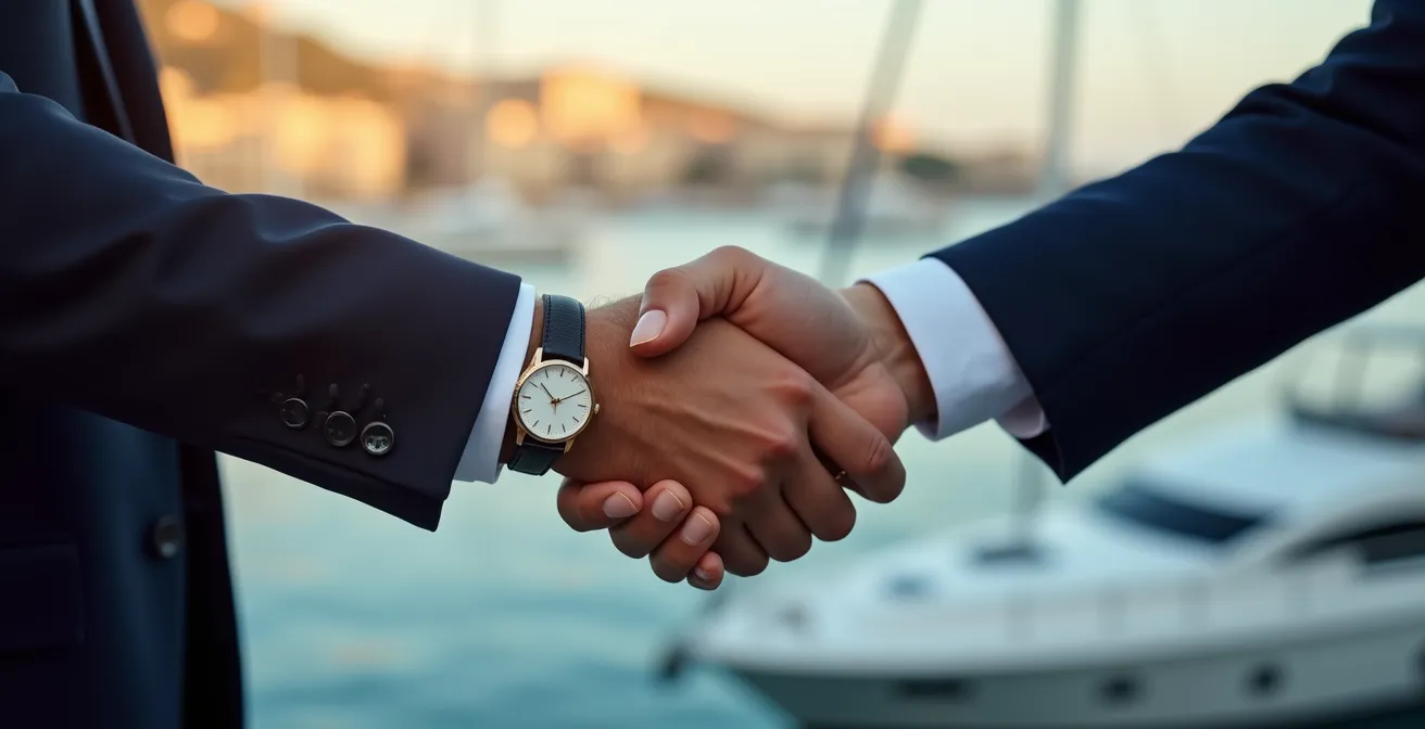 Business professionals shaking hands with Monaco harbor in background