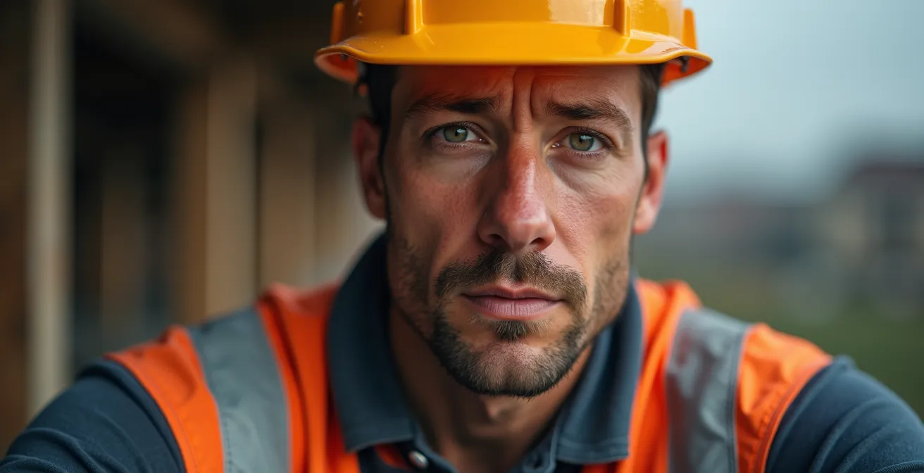 Roofing worker's face showing concentration while navigating steep slope