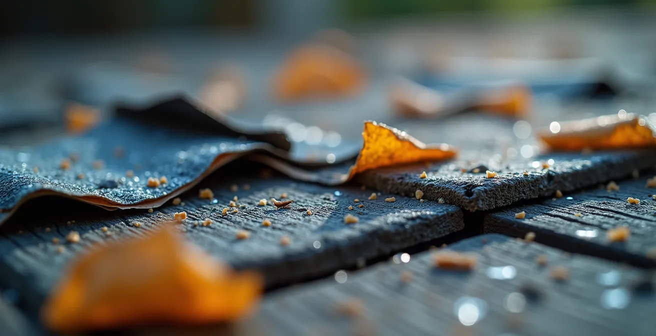 Close-up of damaged roofing materials scattered on steep roof surface