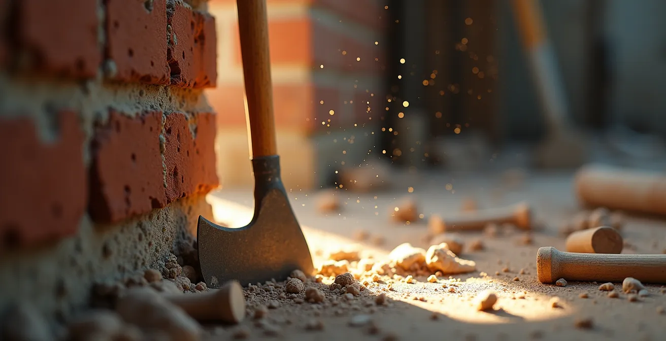 Construction worker revealing original brick wall behind drywall