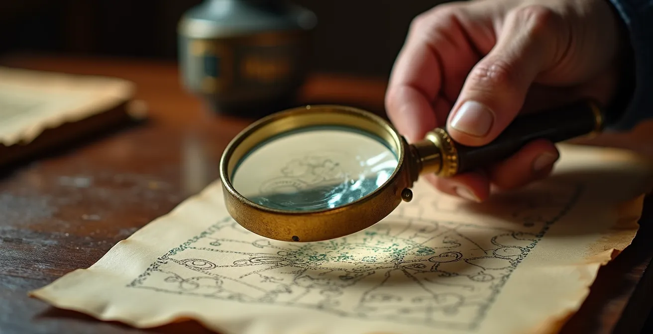 Close-up of hands examining lease details with magnifying glass