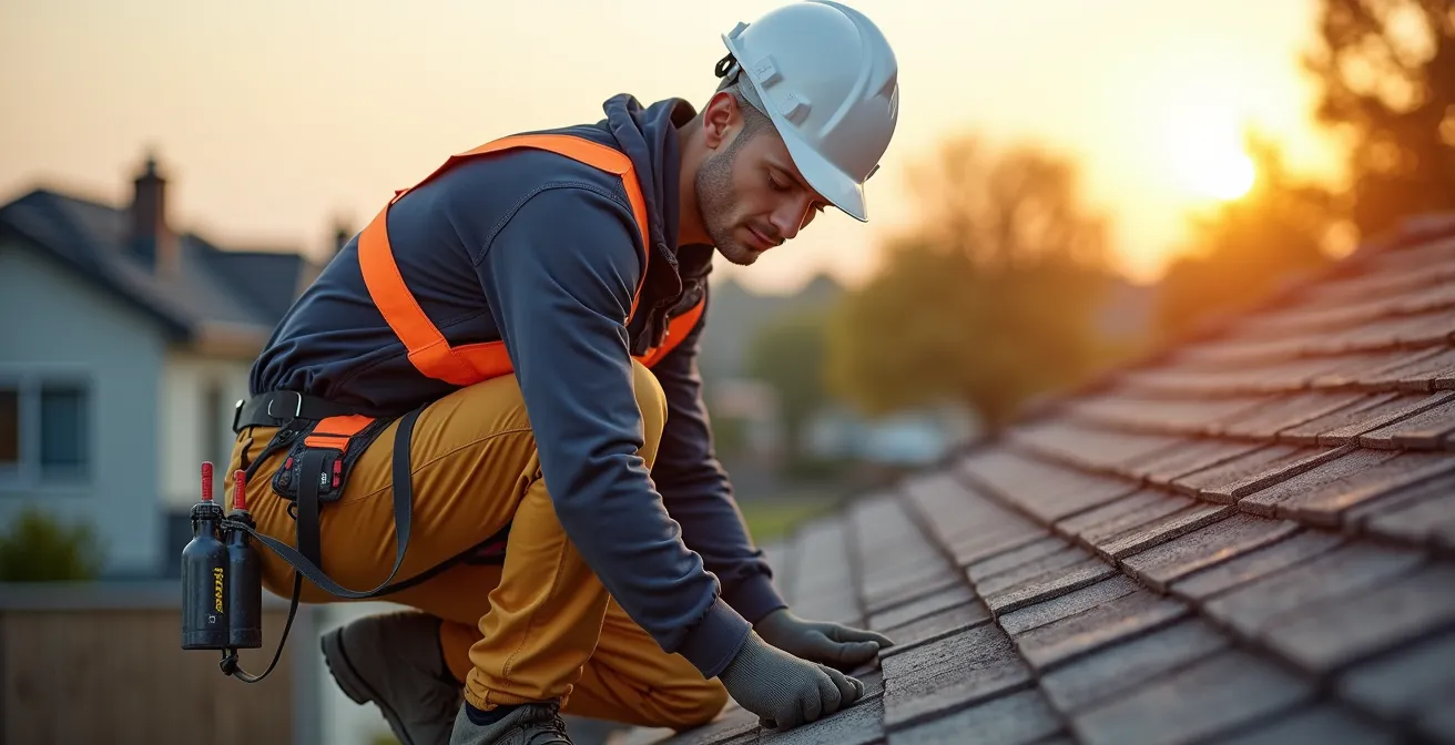 Professional roofer working confidently with modern anchor system on steep roof