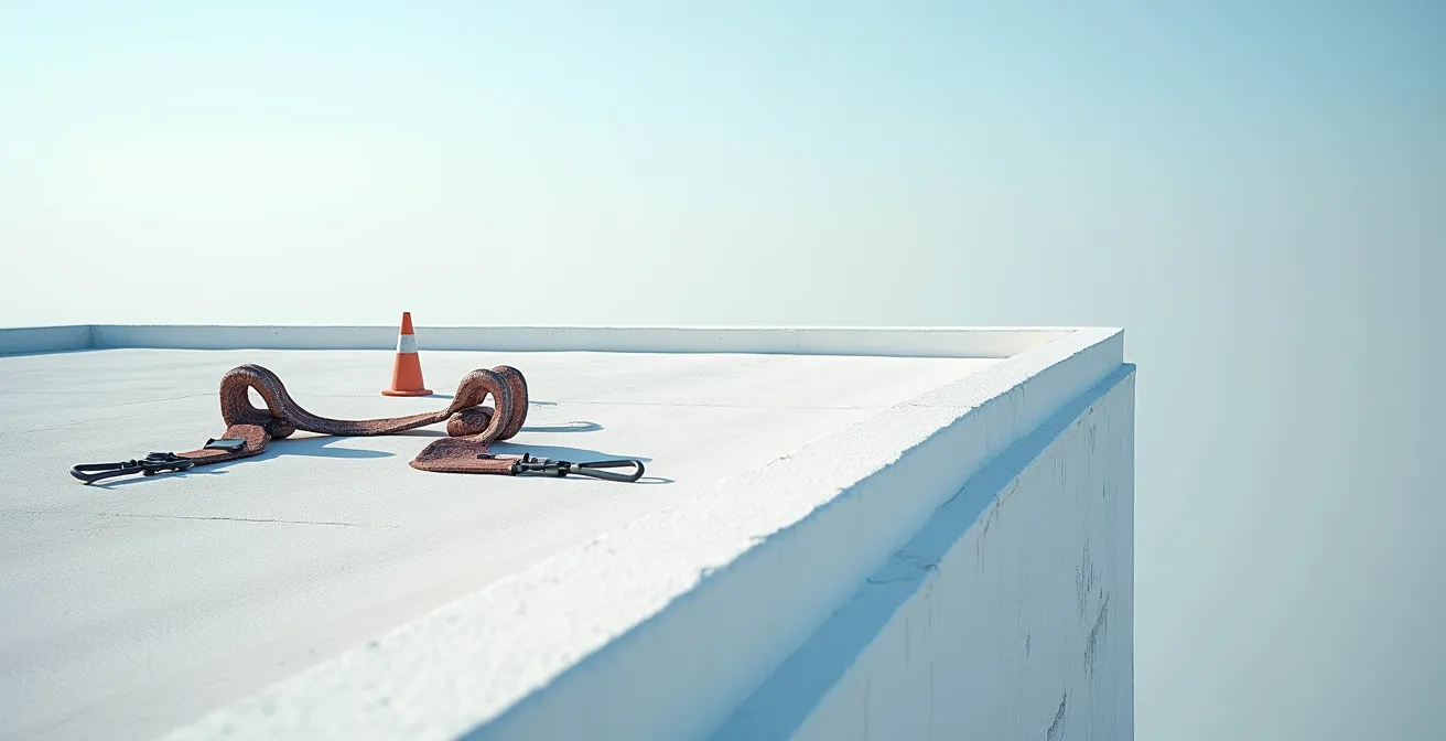 Wide angle view of safety equipment arranged on steep rooftop