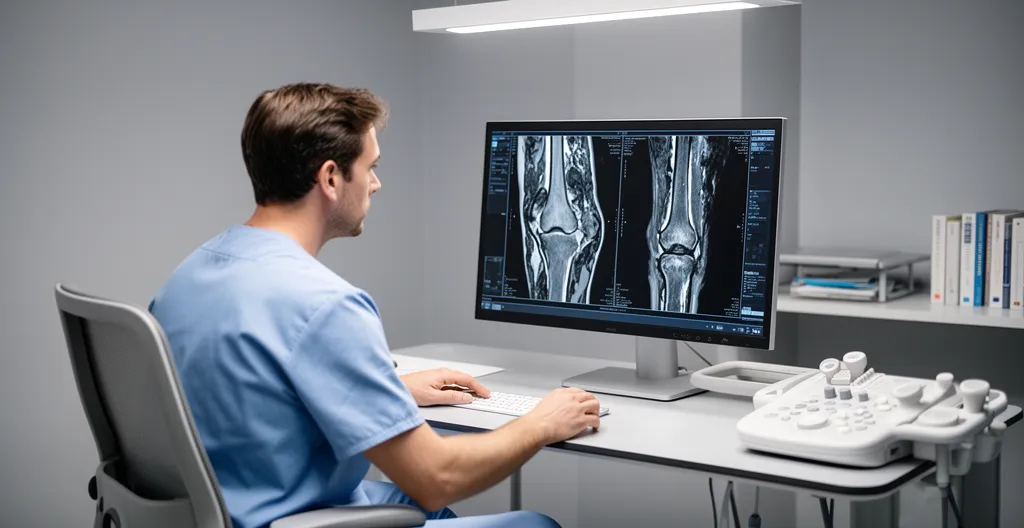 Orthopaedic surgeon in scrubs examining knee MRI scan on monitor in consultation room