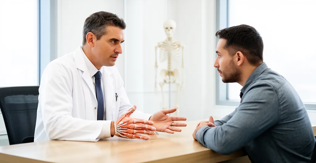 Orthopaedic surgeon explaining procedure to patient across consultation desk in medical office