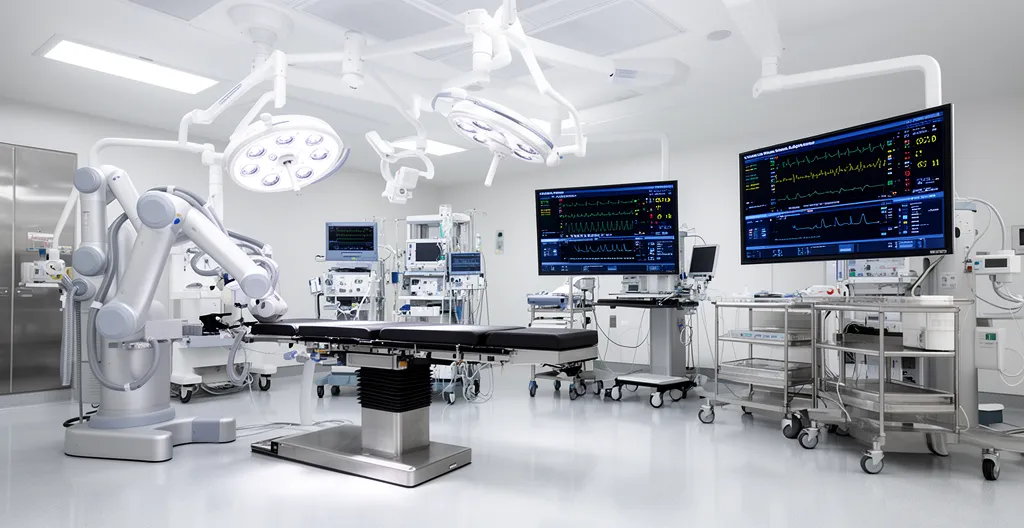 Advanced robotic surgical equipment positioned in contemporary operating theatre environment