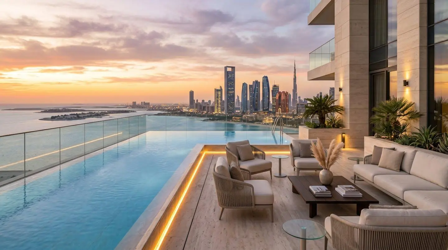 Panoramic rooftop terrace of a luxury Abu Dhabi penthouse overlooking the Arabian Gulf at dusk