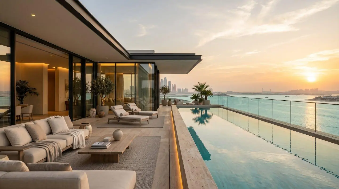 Panoramic rooftop terrace of a luxury Abu Dhabi penthouse overlooking the Arabian Gulf at dusk