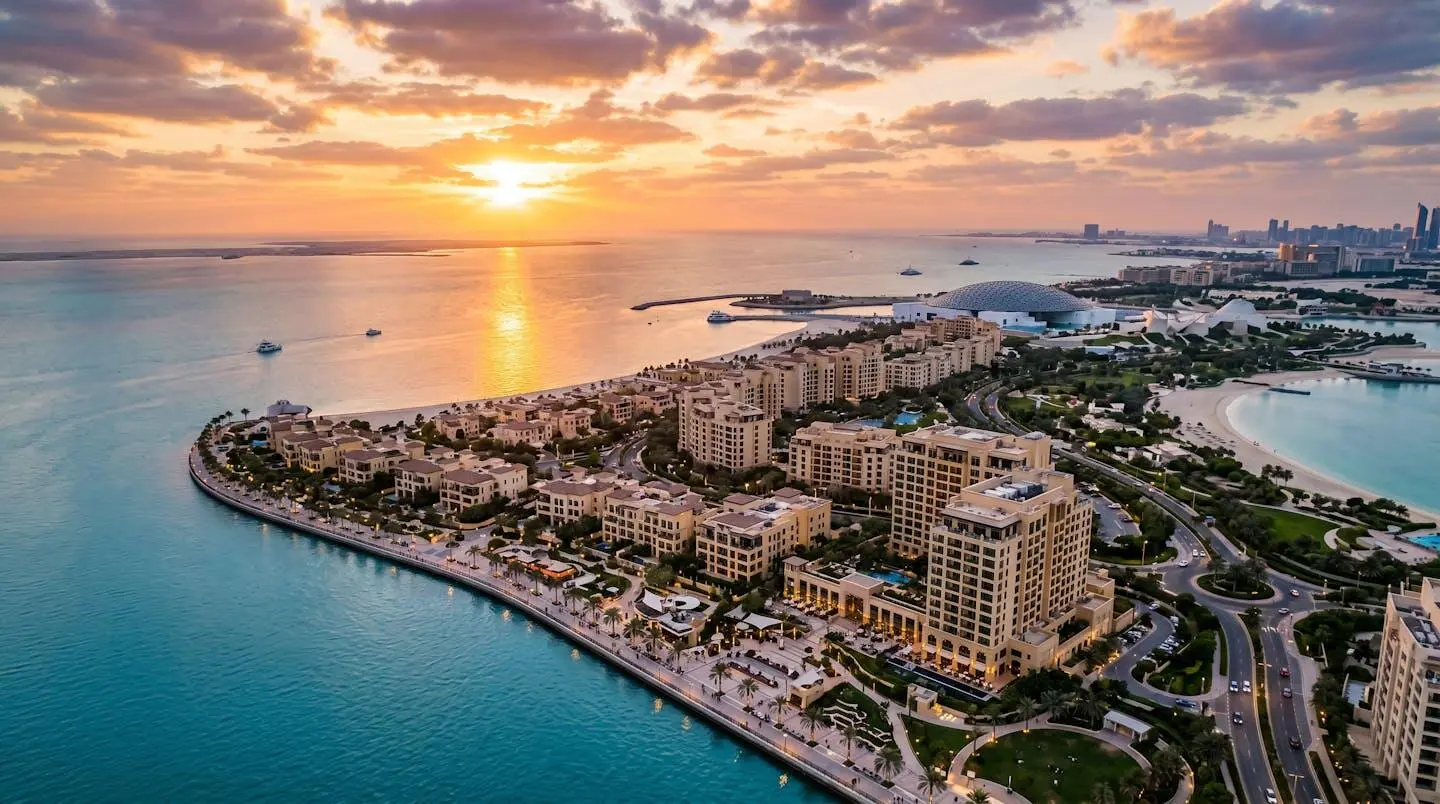 Aerial view of Saadiyat Island Abu Dhabi at sunset with luxury residential towers and the Arabian Gulf coastline