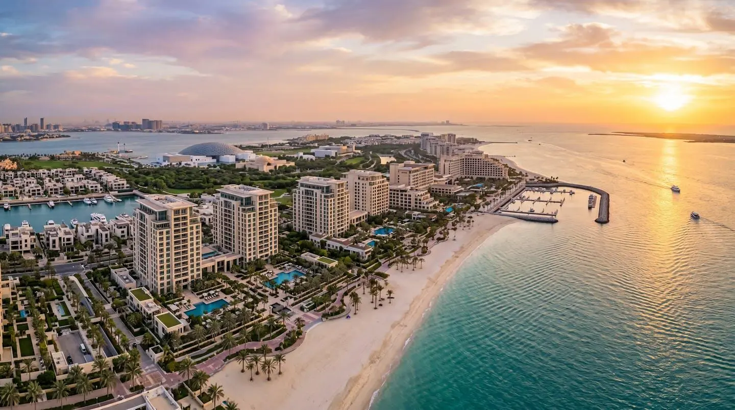 Aerial view of Saadiyat Island Abu Dhabi at sunset with luxury residential towers and the Arabian Gulf coastline