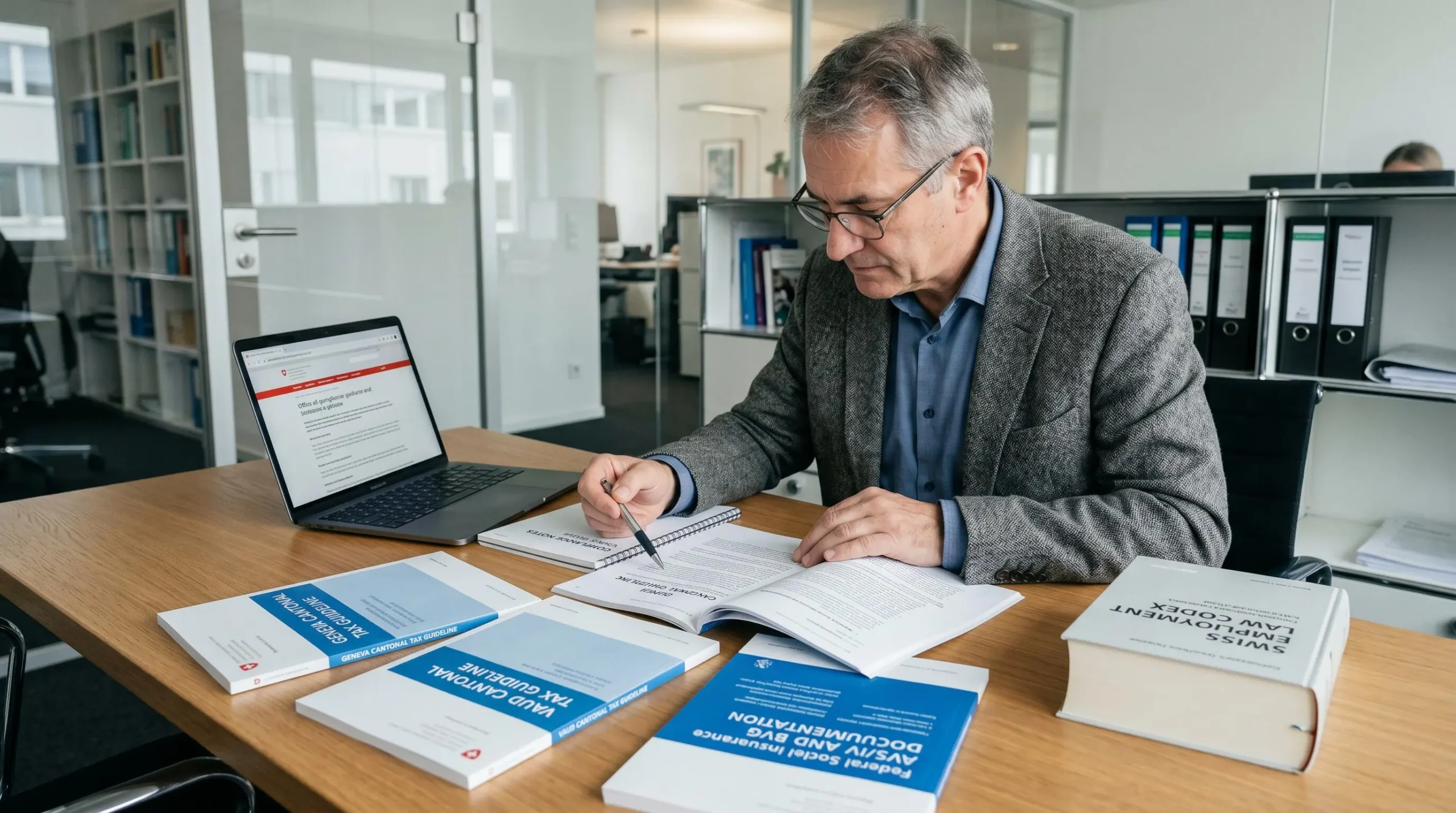 Compliance specialist analyzing Swiss cantonal tax regulations and federal employment law documentation across multiple official government publications