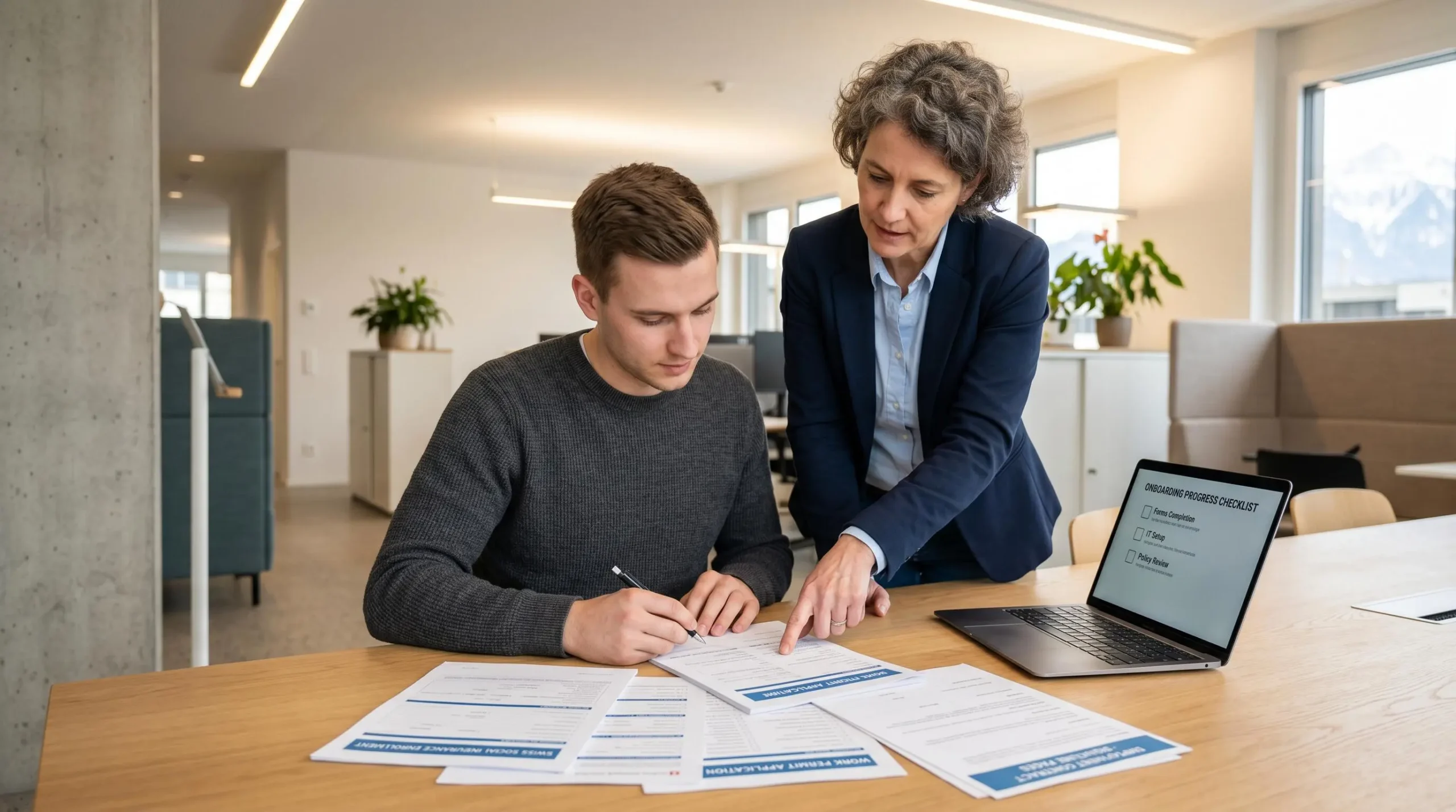New employee completing Swiss employment onboarding forms with HR administrator providing guidance in modern office setting