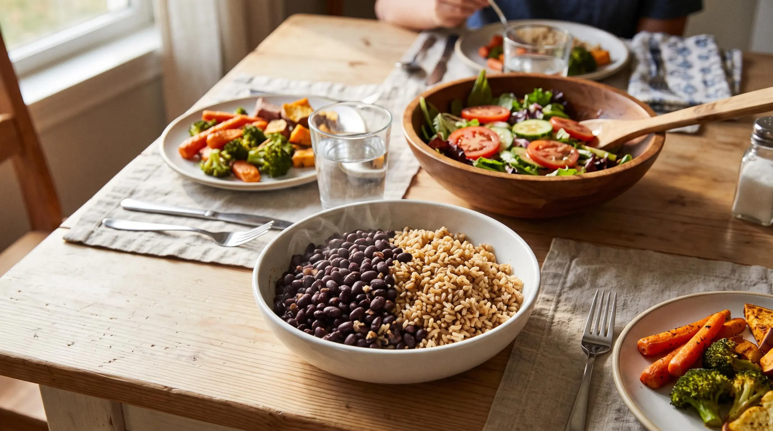 Balanced meal with cooked beans, brown rice, and fresh vegetables on a dining table