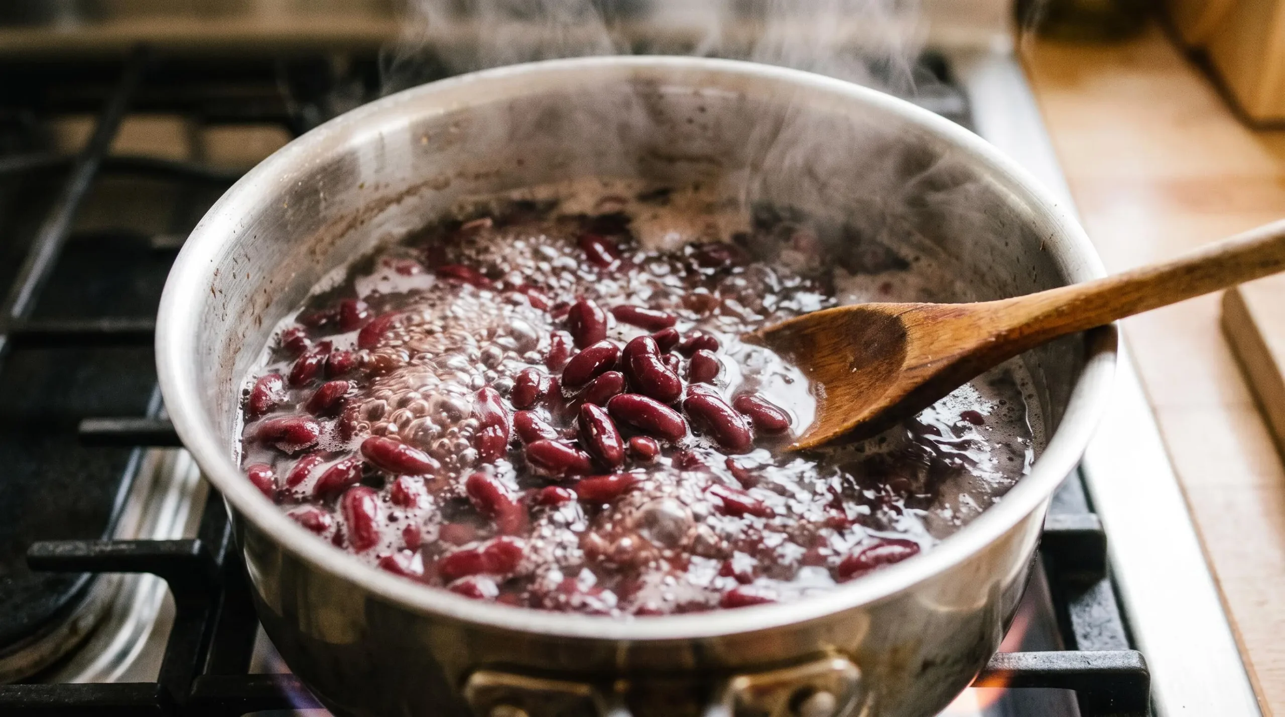 Red kidney beans boiling in a pot on a stovetop