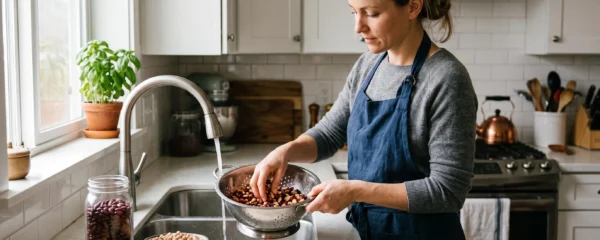 Adult preparing lectin-rich foods including beans and tomatoes at a kitchen counter