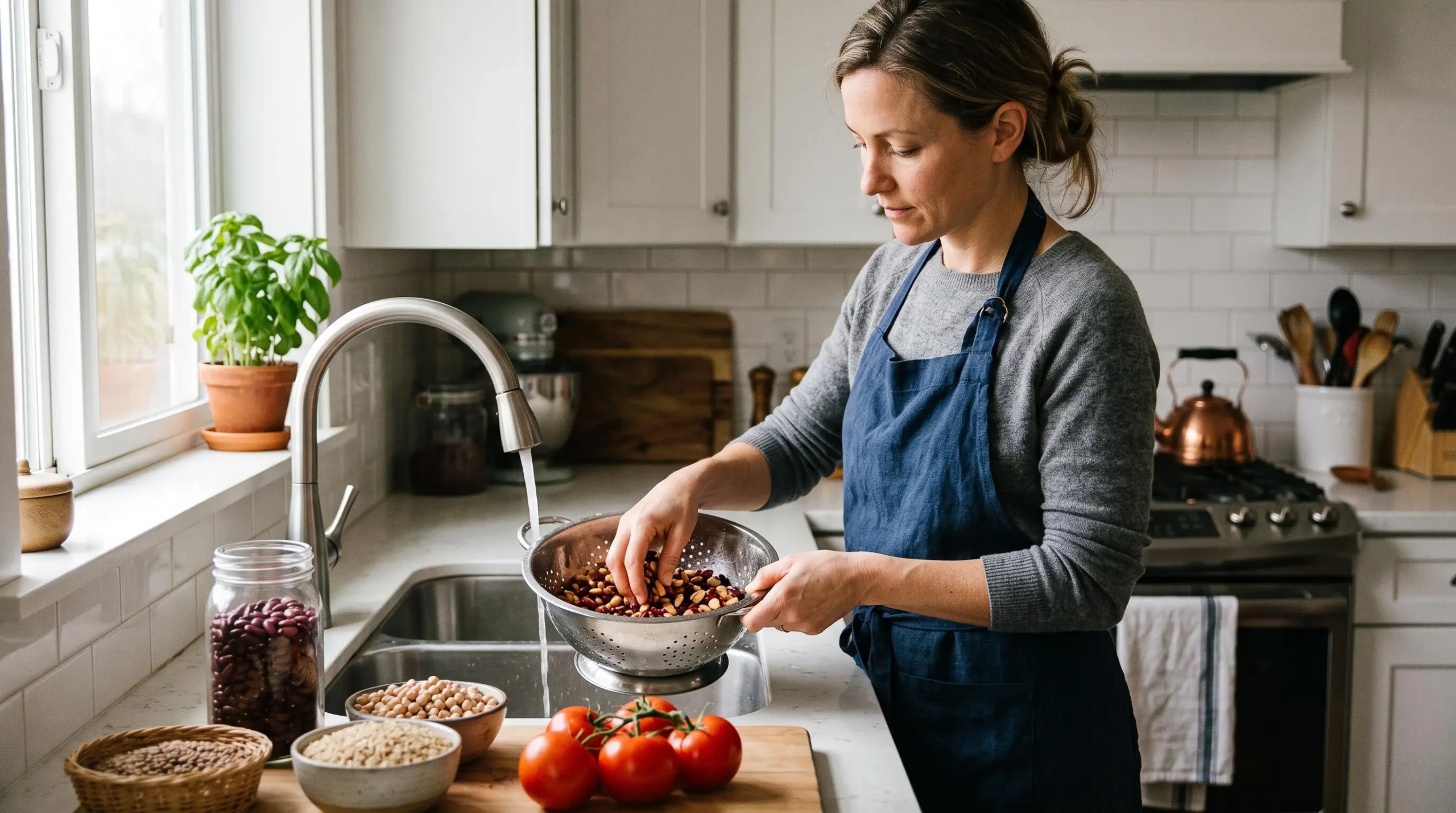 Adult preparing lectin-rich foods including beans and tomatoes at a kitchen counter