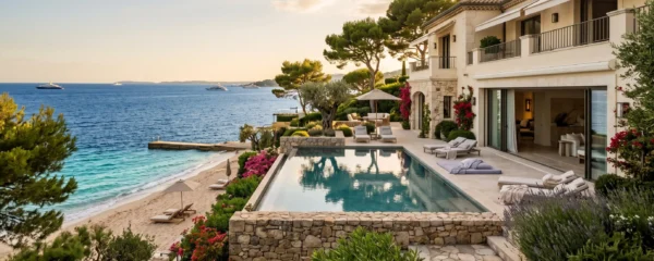 Luxury beachfront villa in Cannes with an infinity pool terrace opening onto a private beach and the Mediterranean Sea in golden late-afternoon light.
