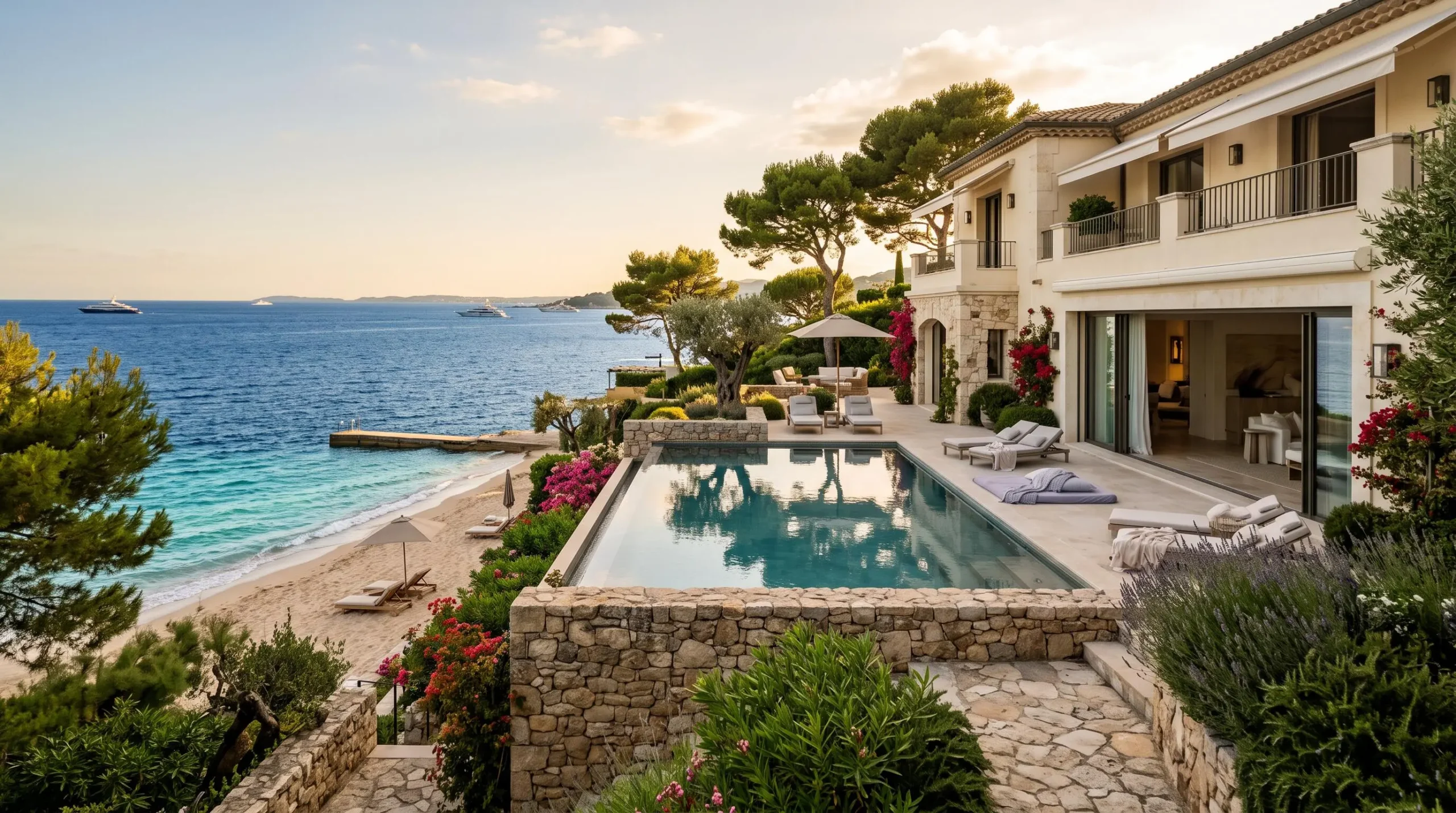 Luxury beachfront villa in Cannes with an infinity pool terrace opening onto a private beach and the Mediterranean Sea in golden late-afternoon light.