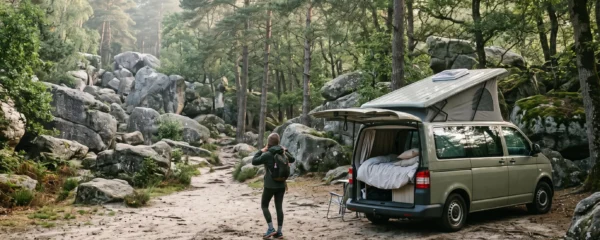 A campervan parked on a sandy clearing at the edge of the Forest of Fontainebleau with sandstone boulders behind it, as a traveler gets ready to hike.
