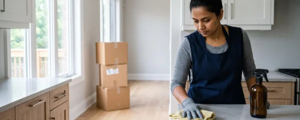 A cleaning professional wipes a kitchen counter in a bright Oakville home, with moving boxes in the background.