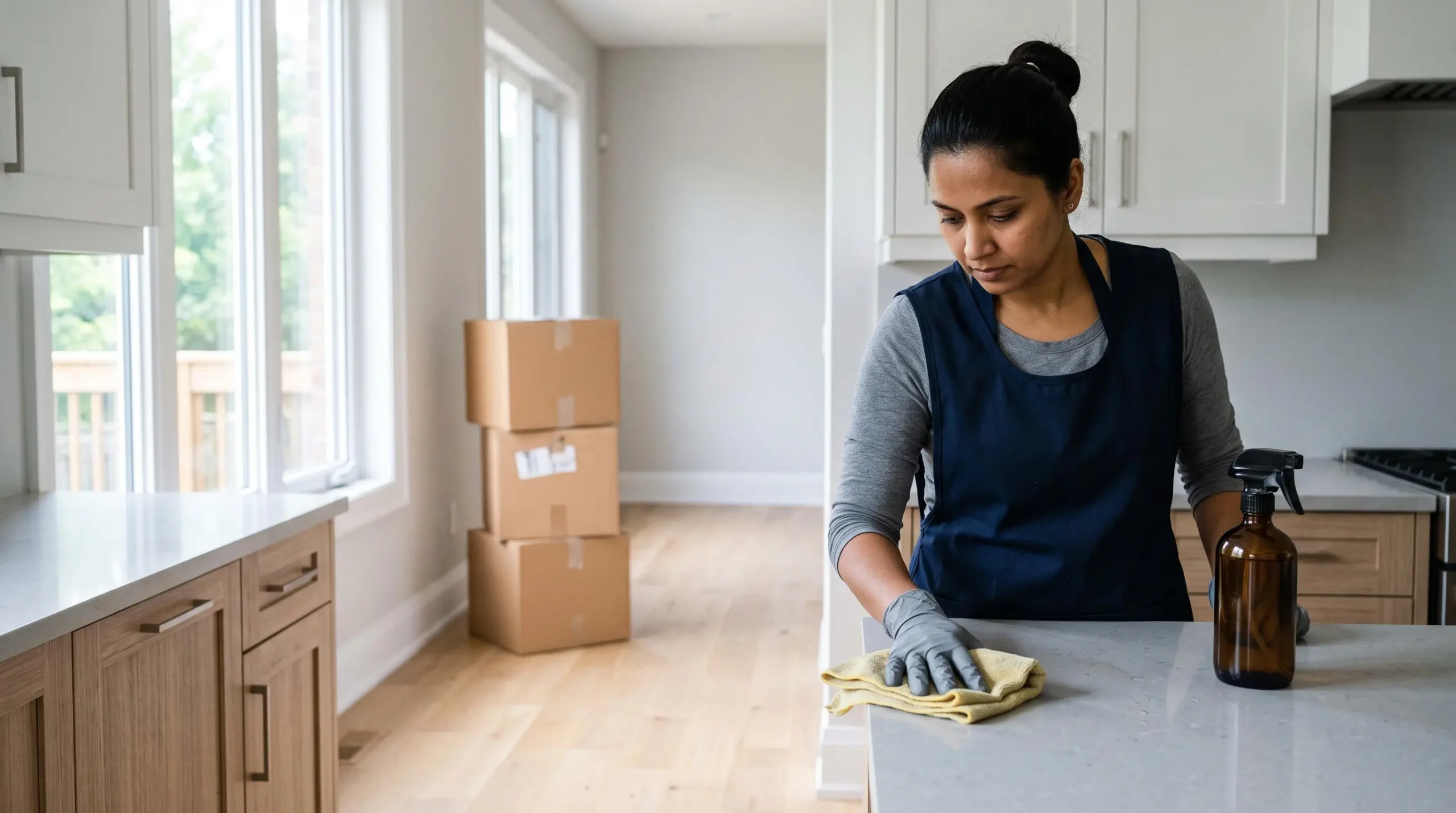 A cleaning professional wipes a kitchen counter in a bright Oakville home, with moving boxes in the background.