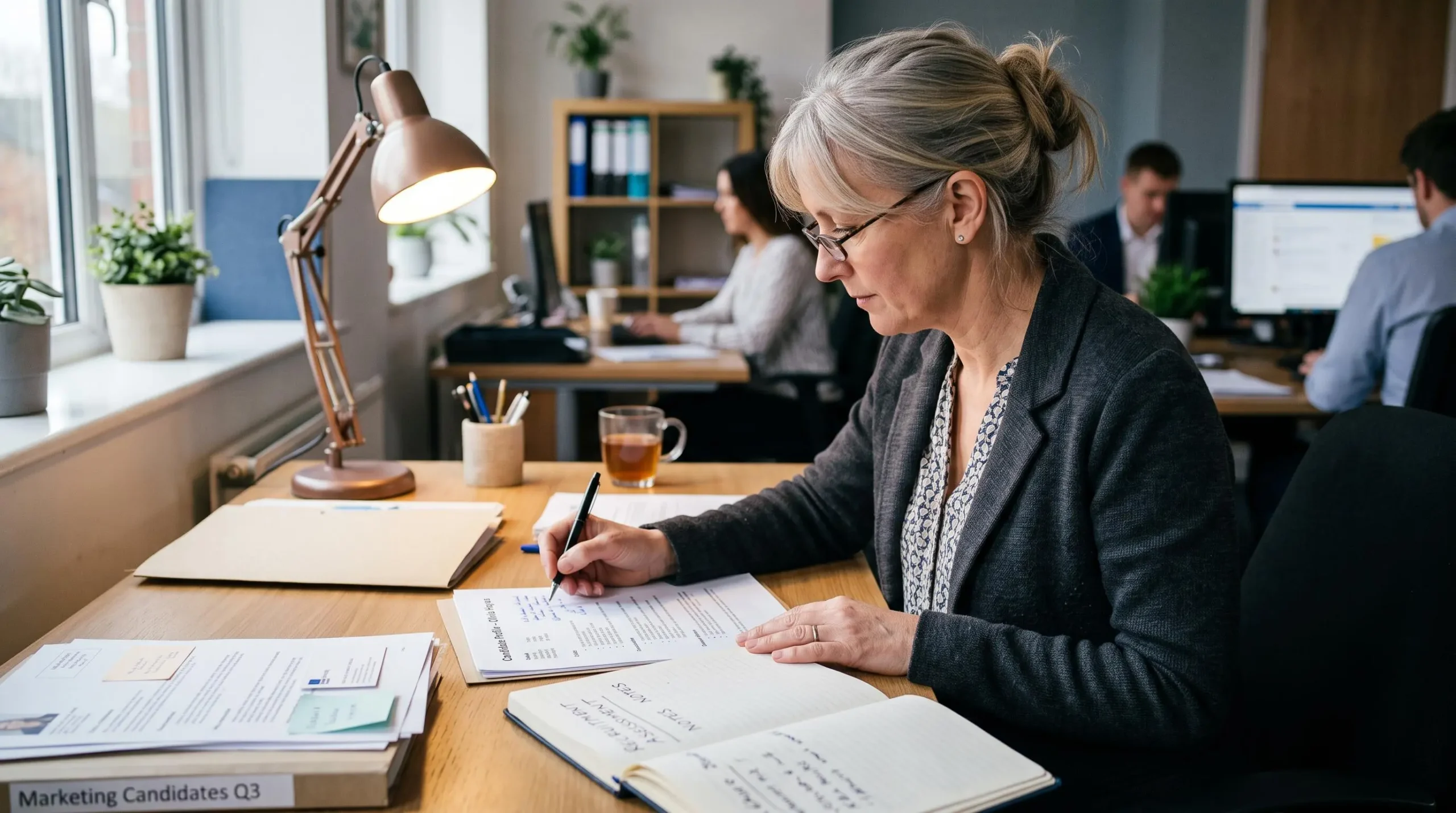 Recruitment consultant reviewing and evaluating candidate profiles with handwritten assessment notes