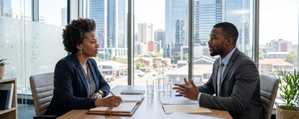 A recruitment consultant interviews a candidate in a modern office overlooking an African city business district.
