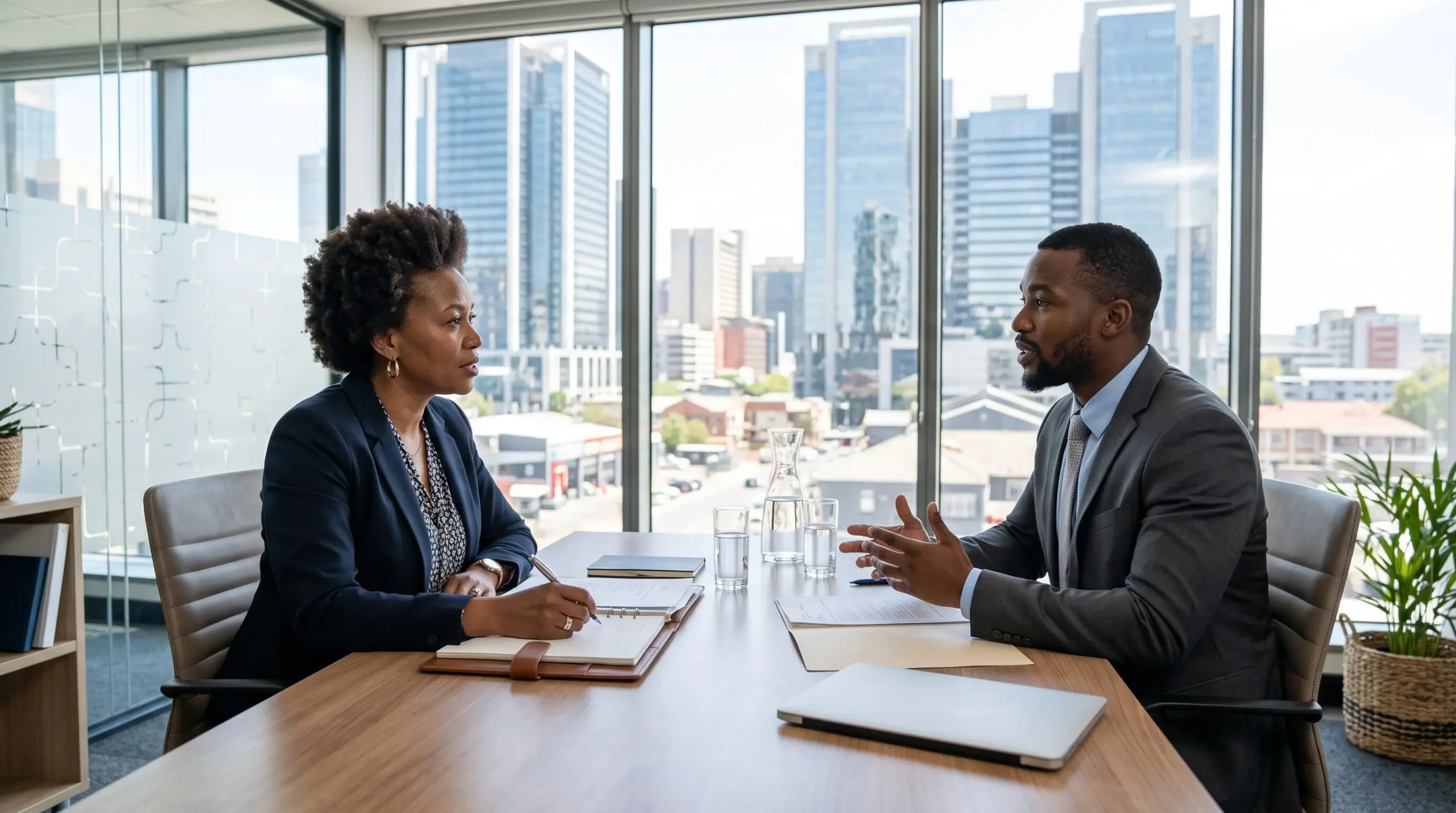 A recruitment consultant interviews a candidate in a modern office overlooking an African city business district.