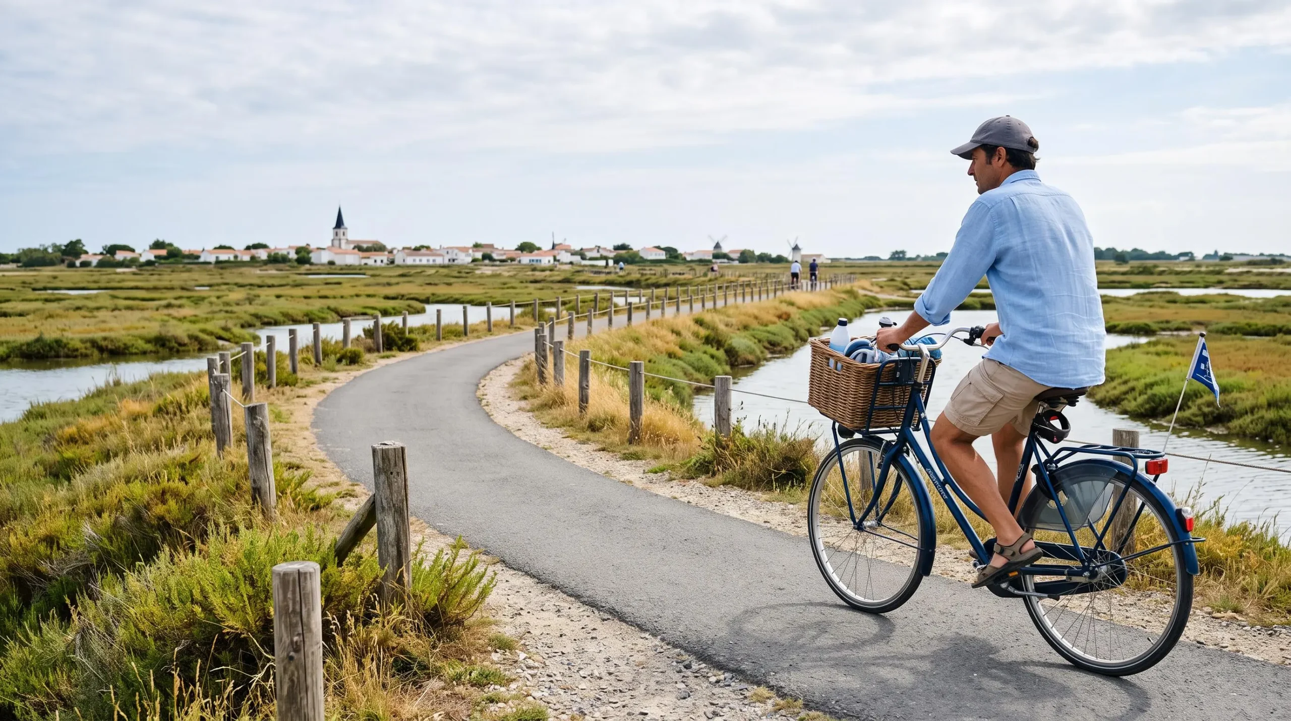 A cyclist rides along the flat cycle path crossing the salt marshes of the Île de Ré.