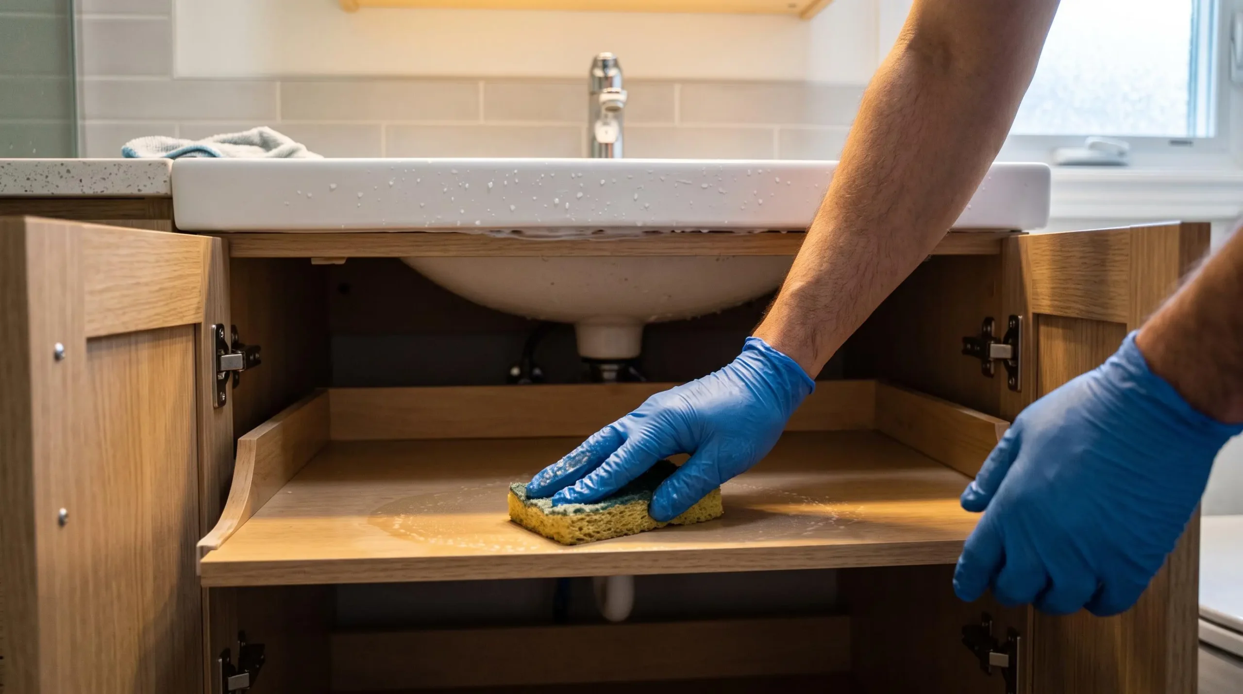 Gloved hands scrub the inside of an empty bathroom vanity cabinet during a move-in cleaning.