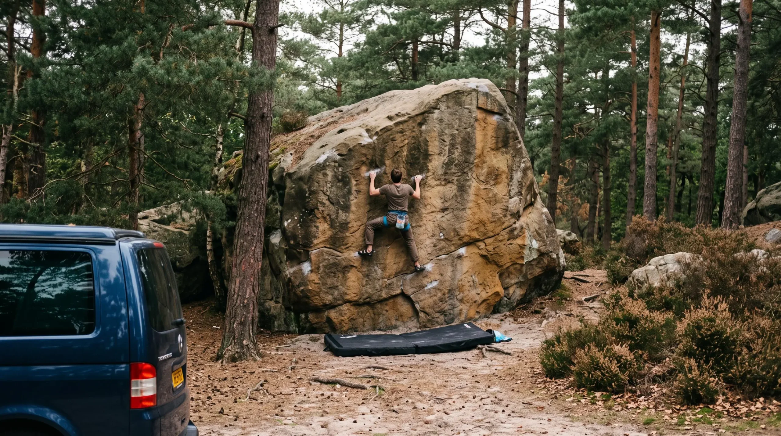Un grimpeur escalade un bloc de grès dans les gorges de la forêt de Fontainebleau, avec un van stationné à proximité.