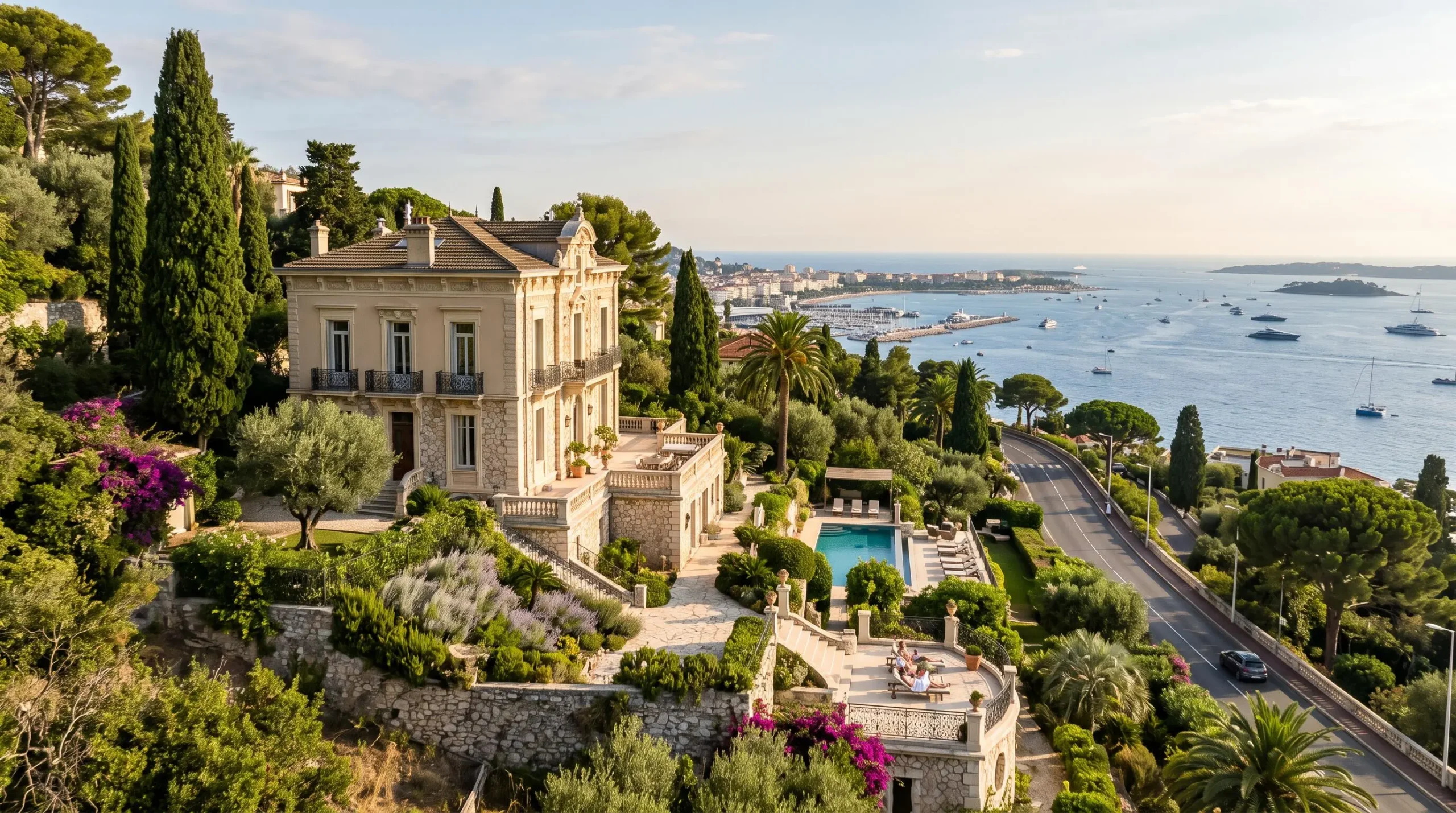 Hillside Belle Epoque style villa with terraced gardens overlooking a panoramic view of the bay of Cannes and the Mediterranean coastline.