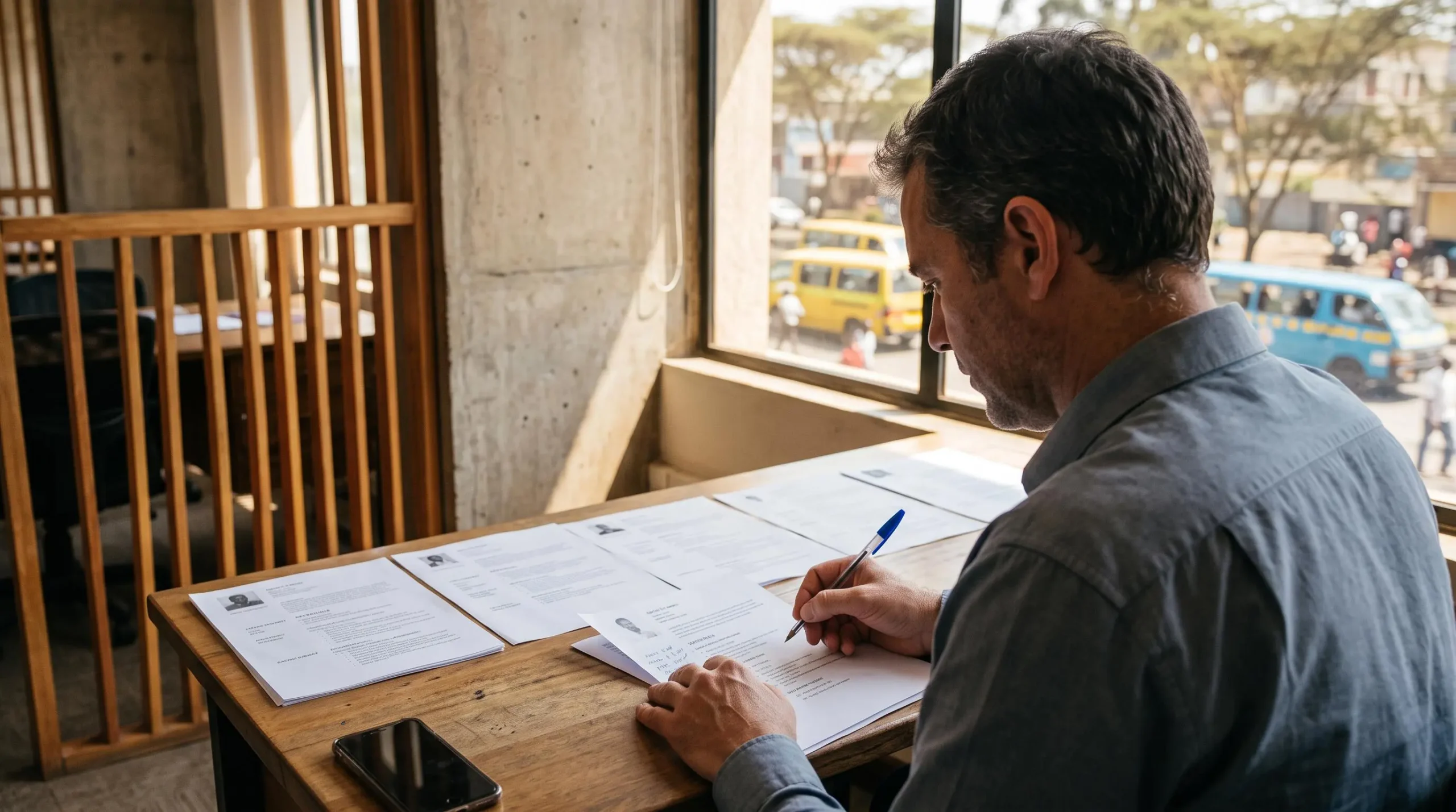 A hiring manager reviews printed candidate CVs and writes notes at his desk in a sunlit office.