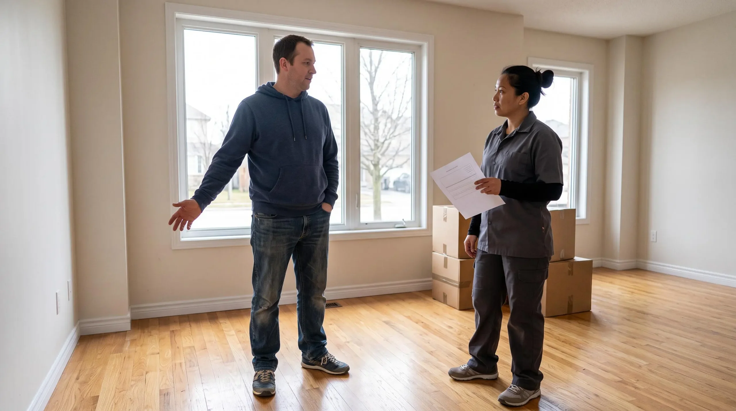 A homeowner and a cleaning professional discuss the scope of a deep clean in an empty living room.