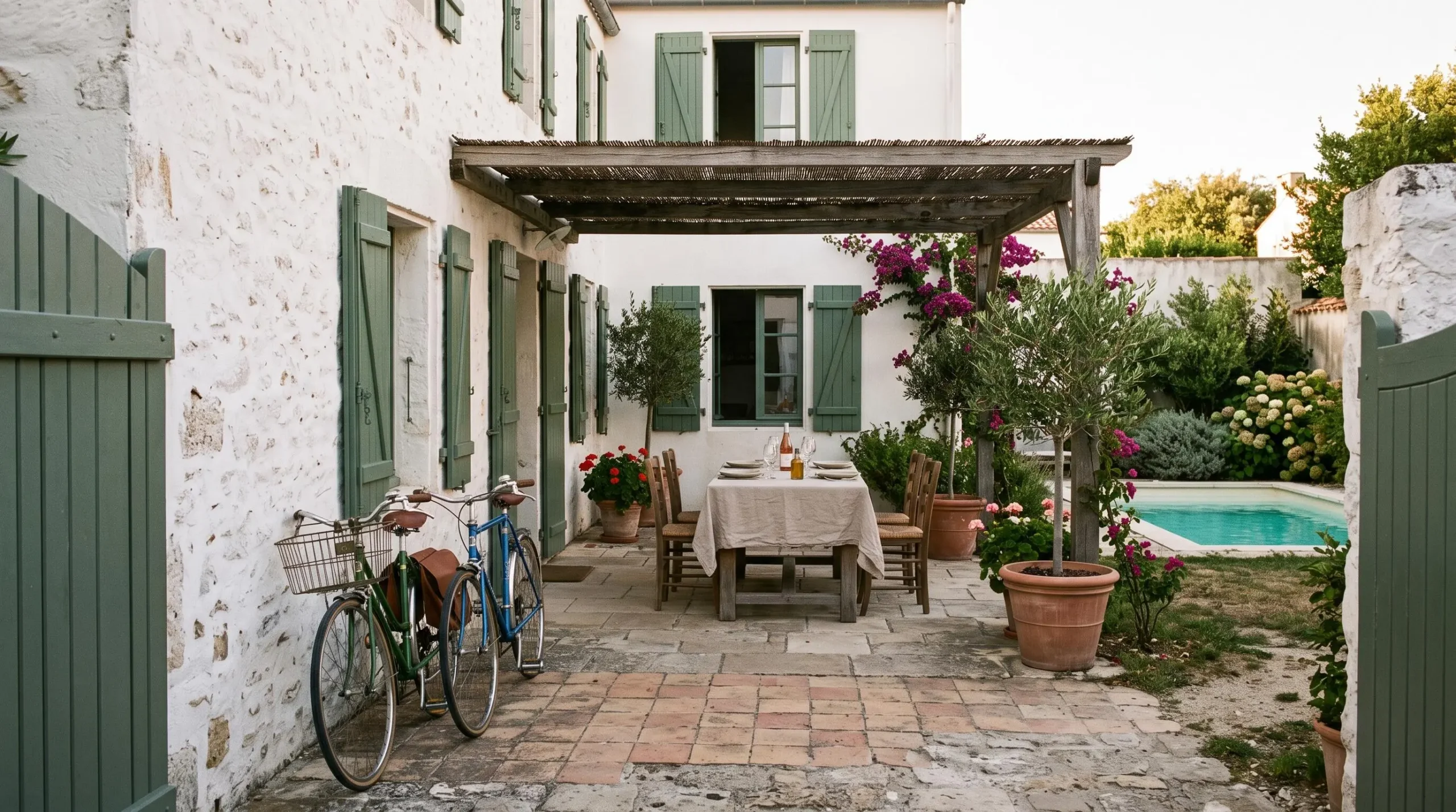 The shaded courtyard of a luxury holiday villa on the Île de Ré with bicycles parked by the gate and a terrace set for dinner.