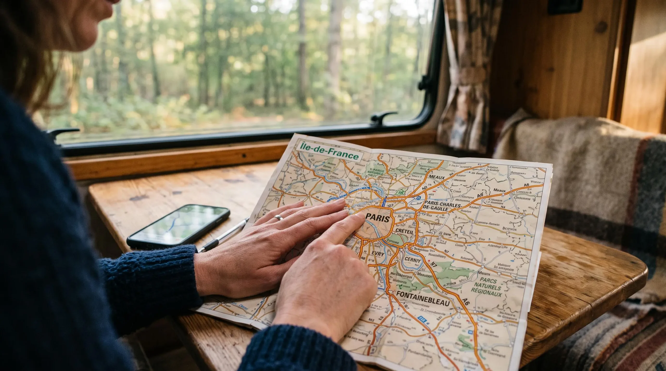 Deux mains tracent l'itinéraire sur une carte routière posée sur la table intérieure d'un van aménagé.