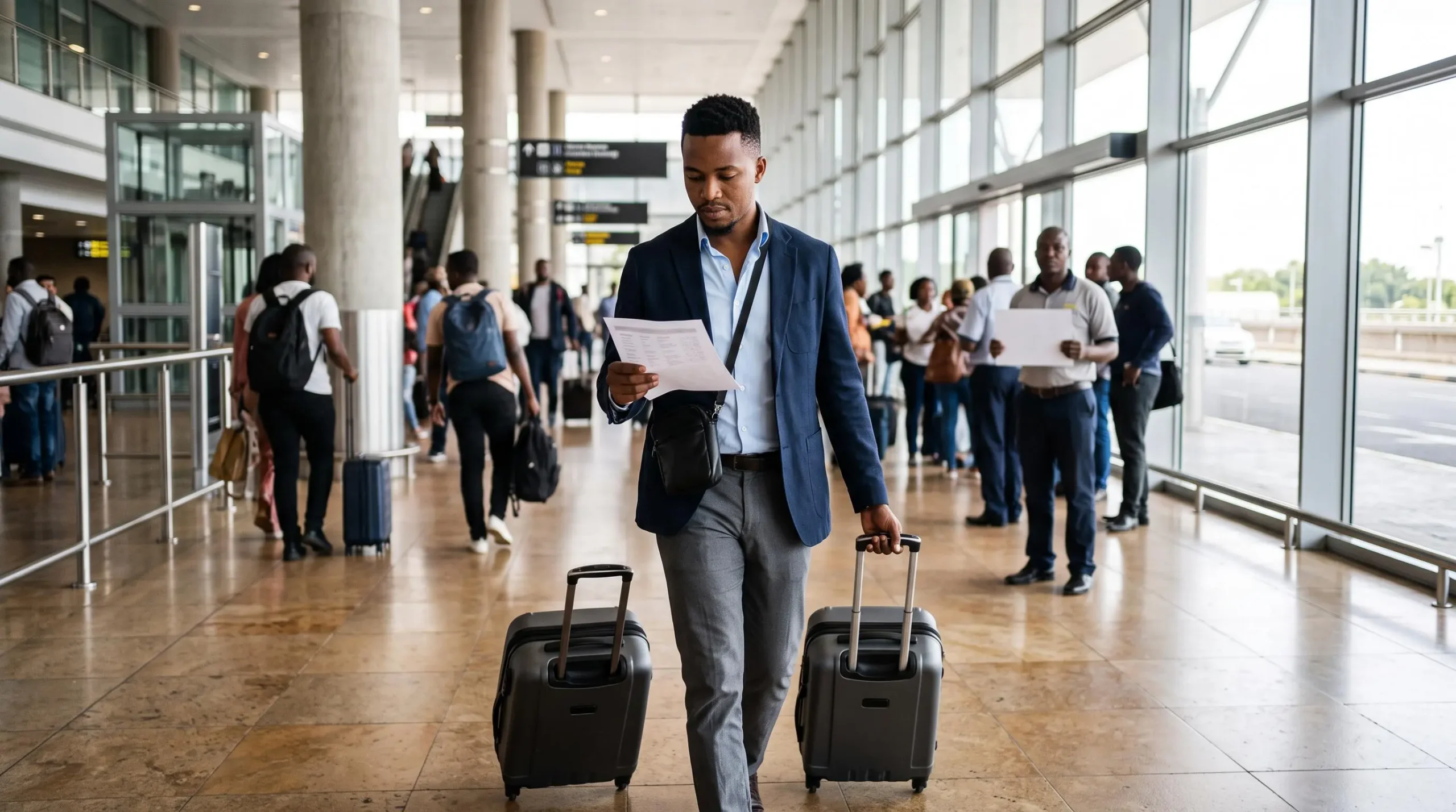 A professionally dressed man pulls a suitcase through an airport arrivals hall while checking an itinerary sheet.