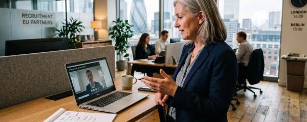 Senior recruitment consultant conducting a video interview with an international candidate in a modern London office