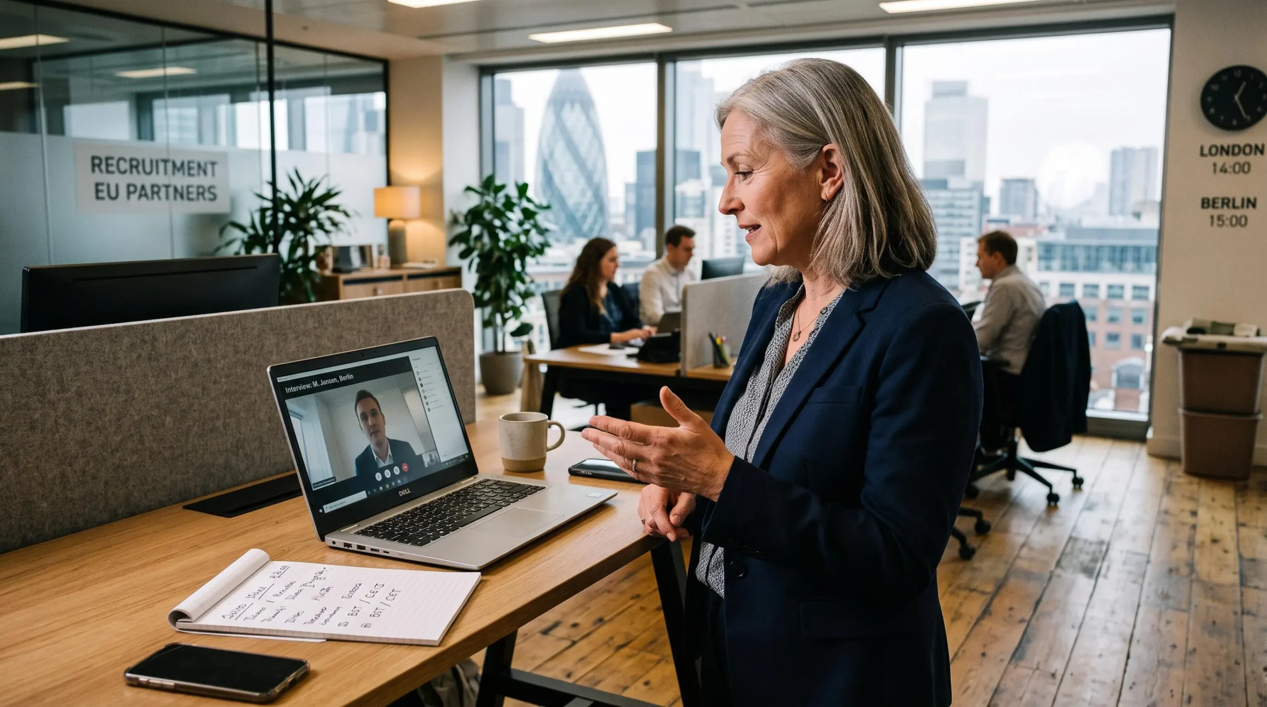 Senior recruitment consultant conducting a video interview with an international candidate in a modern London office