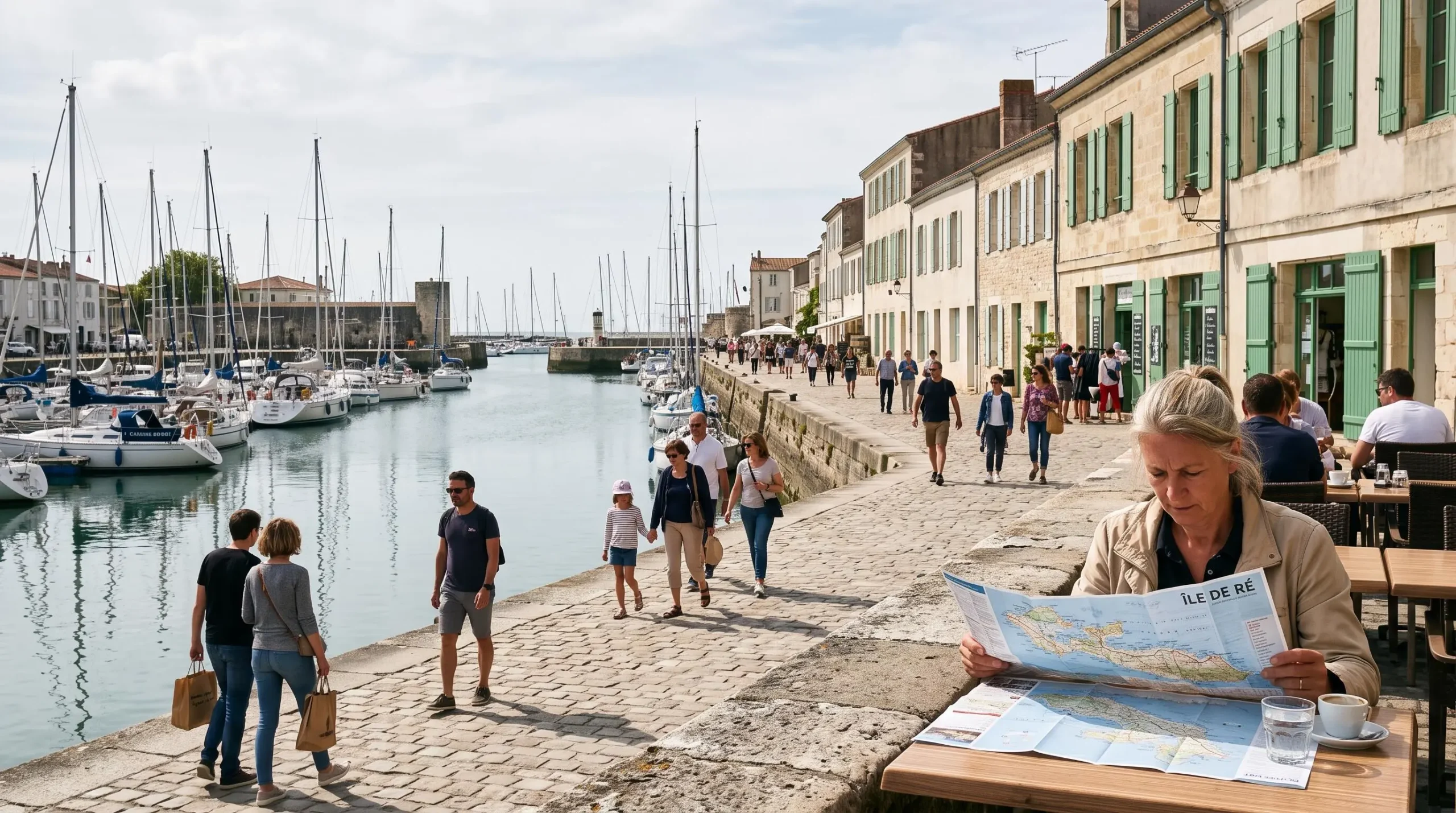 The harbour of Saint-Martin-de-Ré with moored boats, stone quays and people strolling past café terraces.