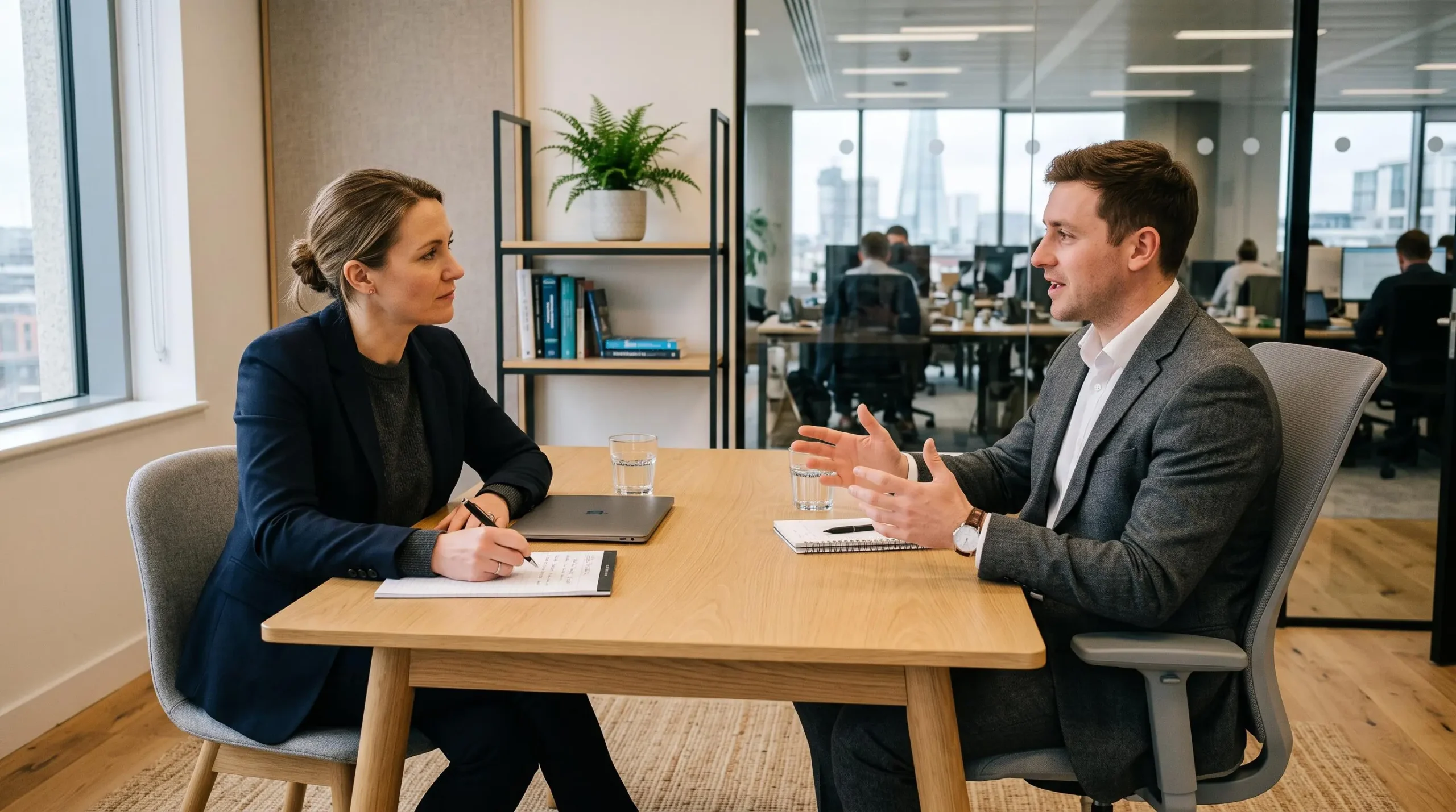 Recruitment consultant conducting an in-depth face-to-face interview with a professional candidate in a meeting room