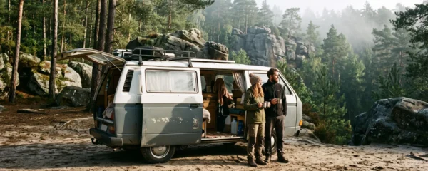 Un van aménagé stationné en lisière de la forêt de Fontainebleau avec un couple de voyageurs près des rochers de grès.