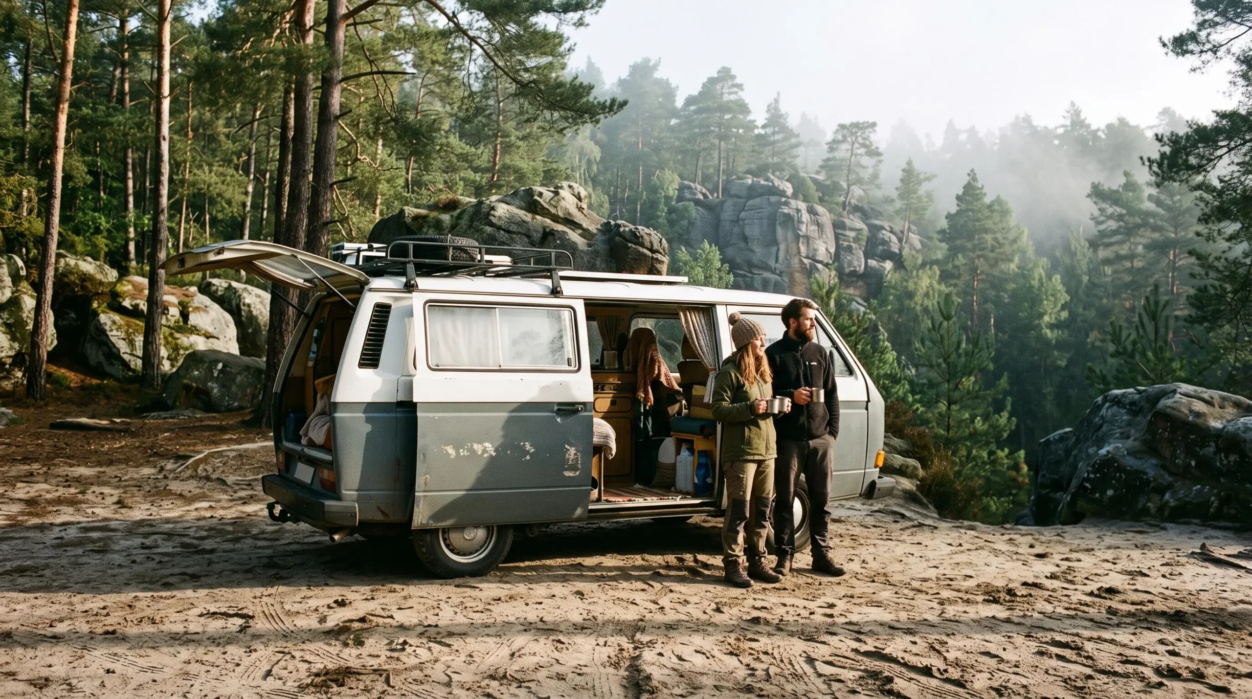 Un van aménagé stationné en lisière de la forêt de Fontainebleau avec un couple de voyageurs près des rochers de grès.