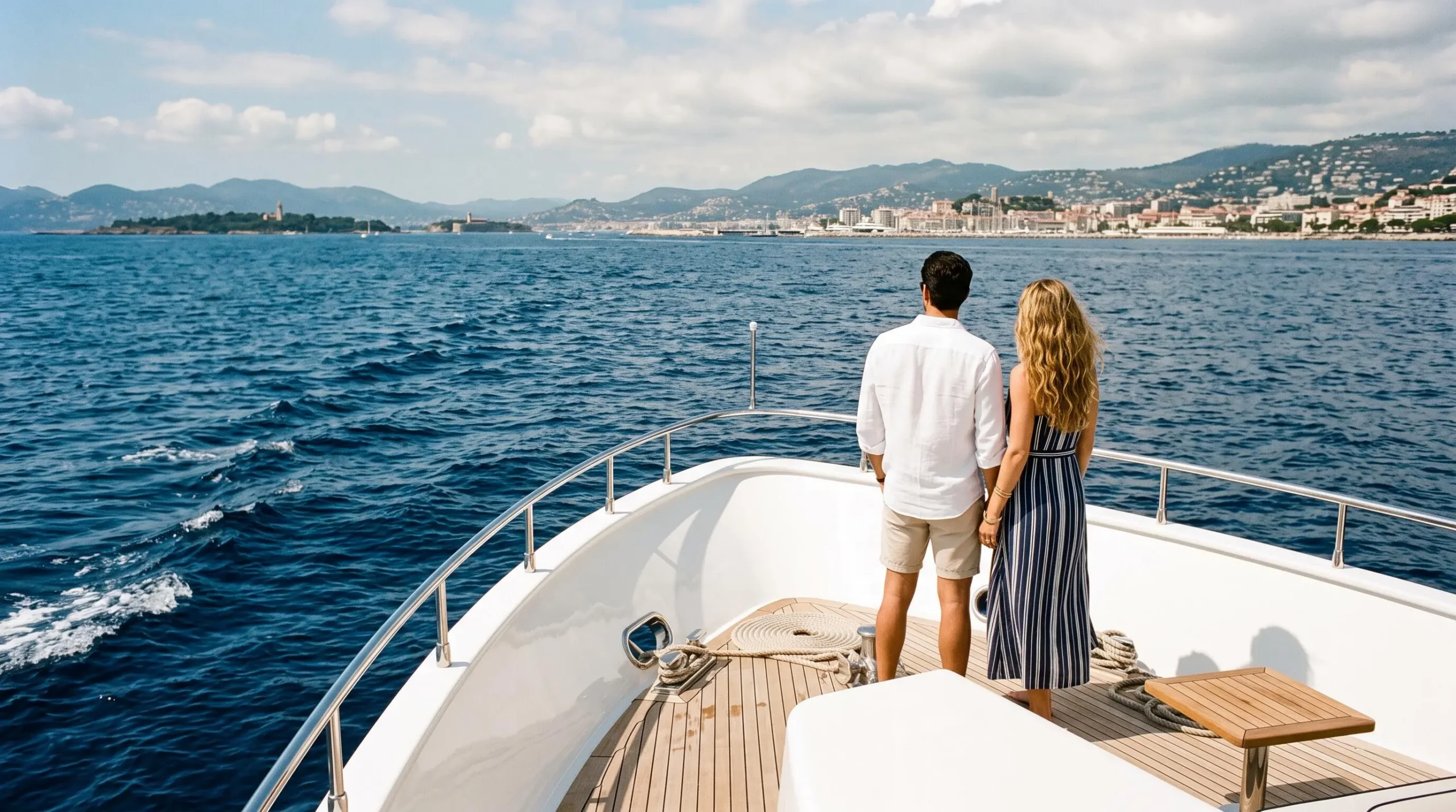 A couple standing at the railing of an unbranded yacht cruising off the French Riviera coast with the Lérins islands visible in the distance.